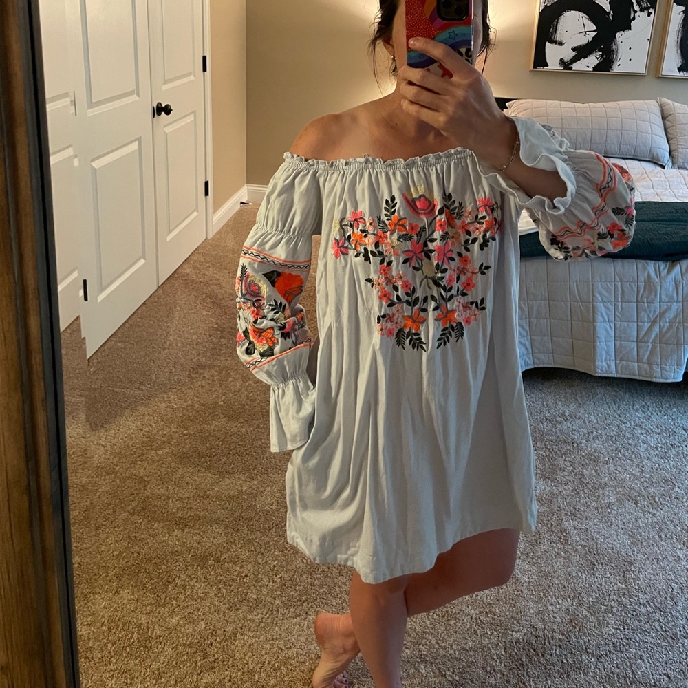 Free People Vibrant Floral Embroidered Off-Shoulder Dress